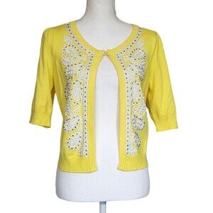 INC Cardigan Sweater Yellow w/ White Applique Trim & Rhinestones Womens Size M